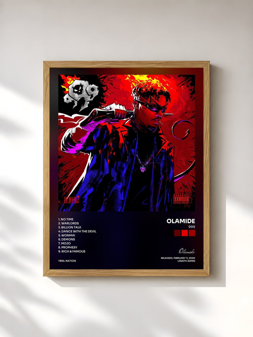 #bois Tableau de l'album 999 de Olamide, cadre en bois brut, imprimé et encadré en France
