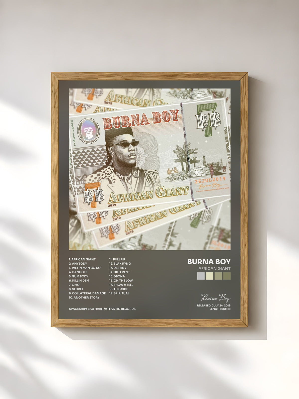 #bois Tableau de l'album African Giant de Burna Boy, cadre en bois brut, imprimé et encadré en France