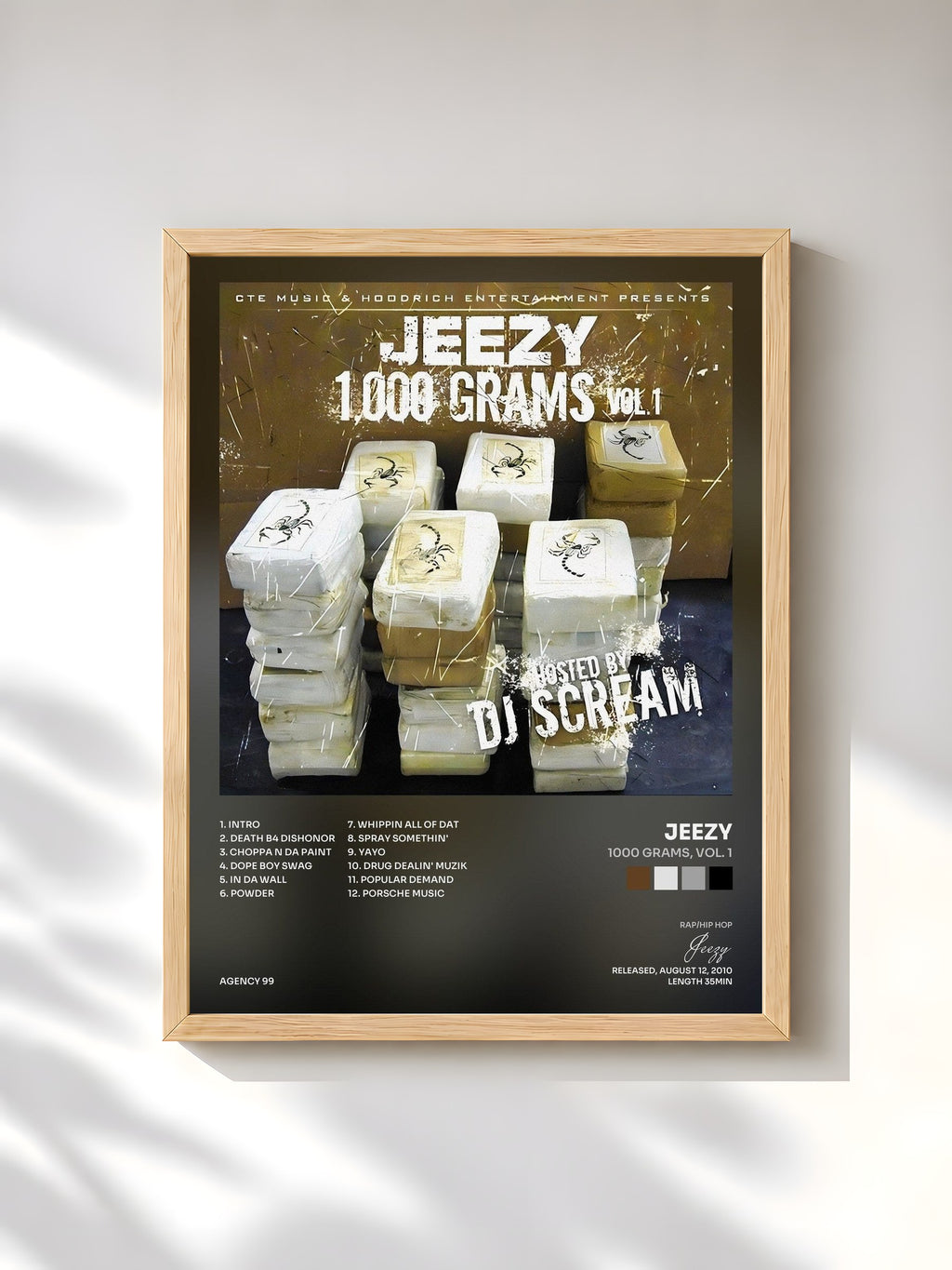 #bois Tableau de l'album 1000 Grams, Vol. 1 de Jeezy, cadre en bois brut, imprimé et encadré en France
