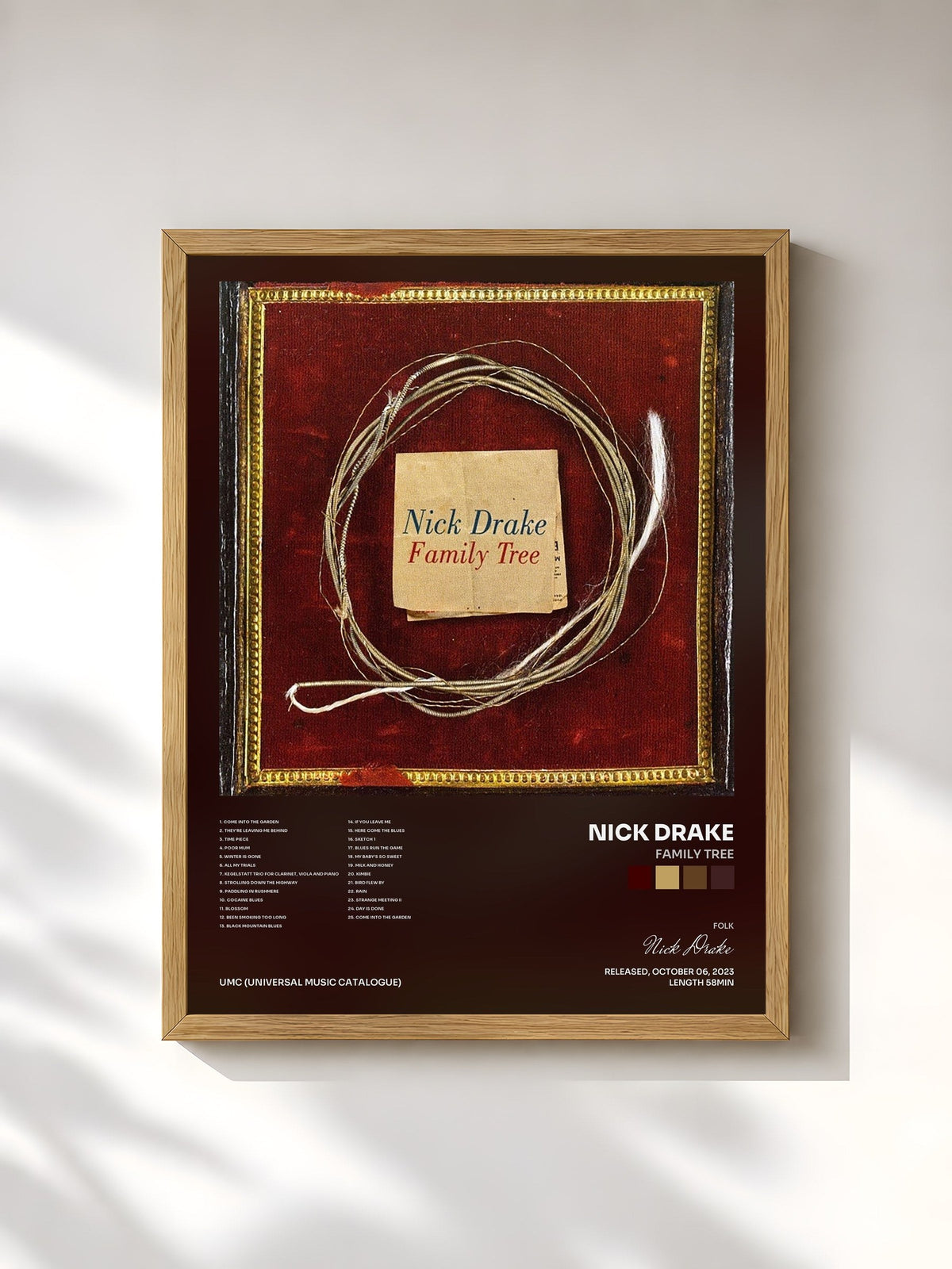#bois Tableau de l'album Family Tree de Nick Drake, cadre en bois brut, imprimé et encadré en France