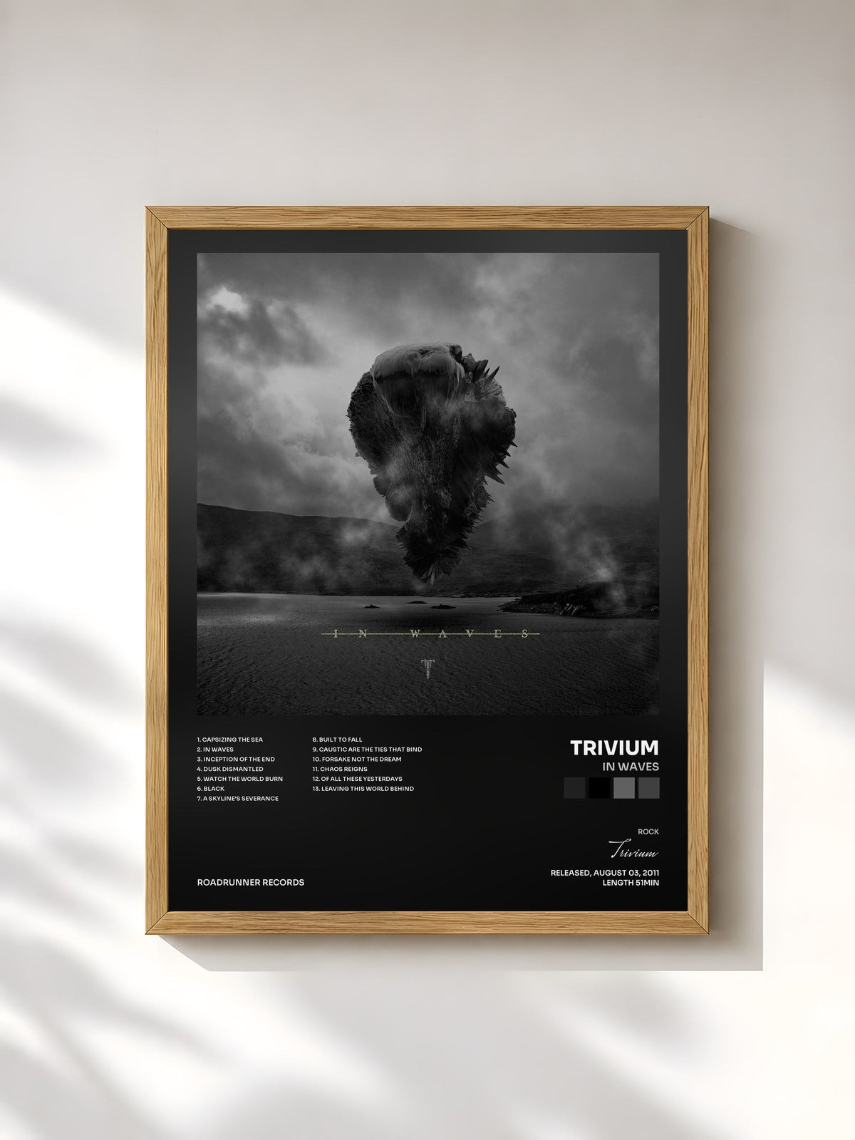 #bois Tableau de l'album In Waves de Trivium, cadre en bois brut, imprimé et encadré en France