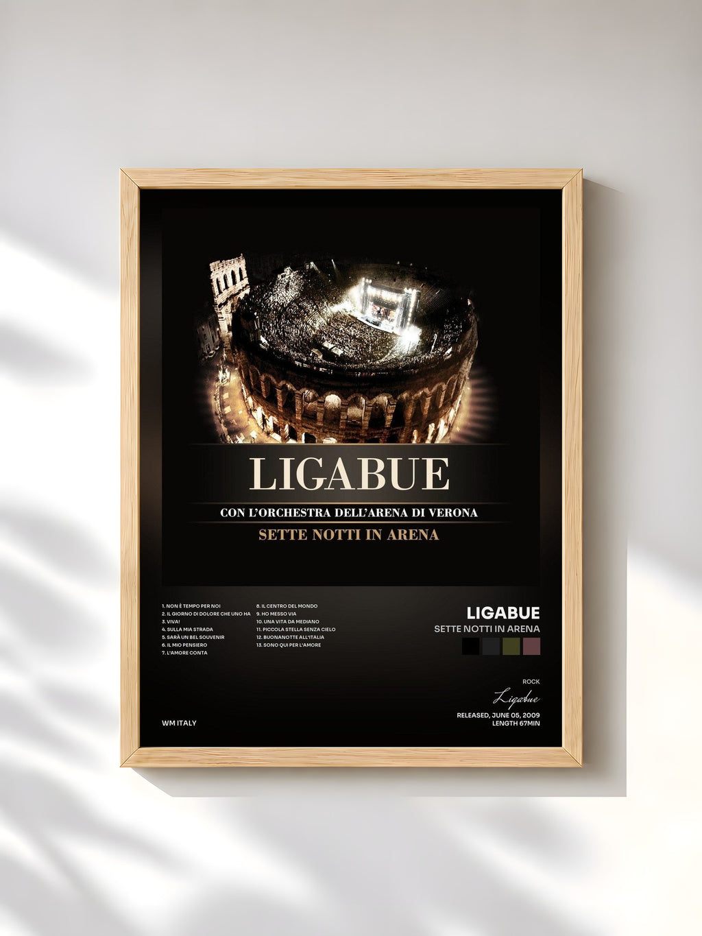 #bois Tableau de l'album Sette notti in Arena de Ligabue, cadre en bois brut, imprimé et encadré en France