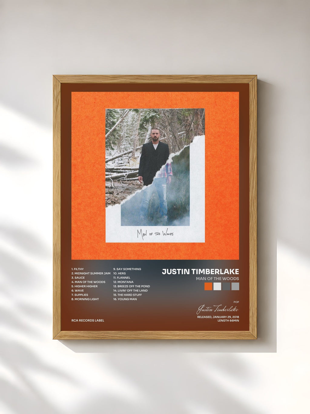 #bois Tableau de l'album Man of the Woods de Justin Timberlake, cadre en bois brut, imprimé et encadré en France