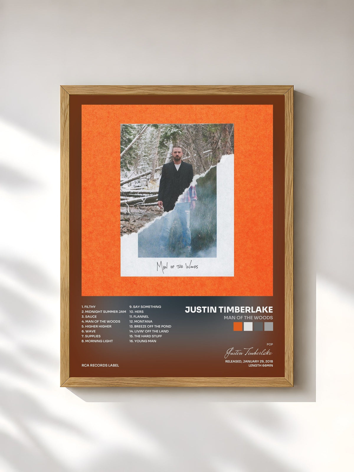 #bois Tableau de l'album Man of the Woods de Justin Timberlake, cadre en bois brut, imprimé et encadré en France