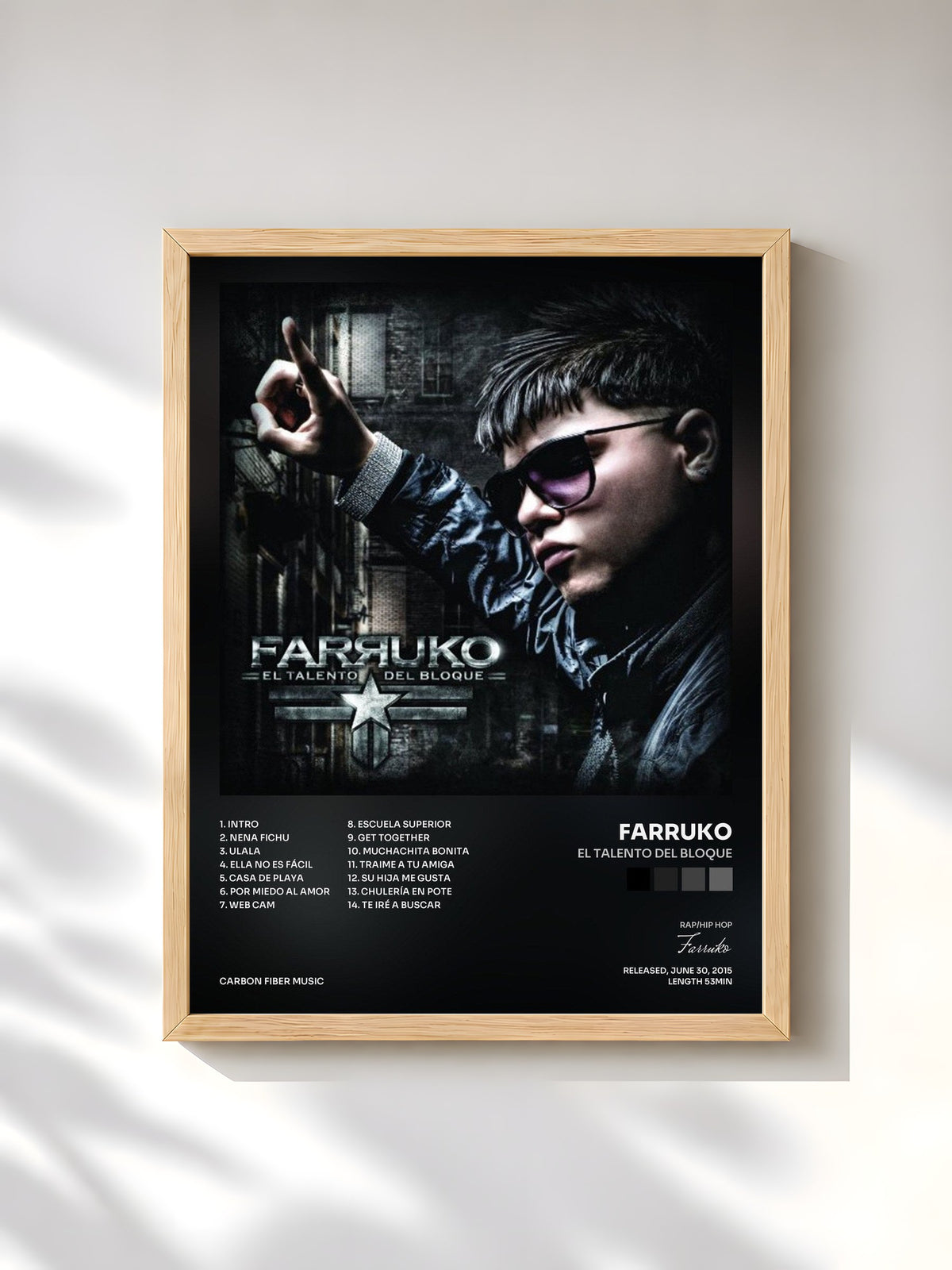 #bois Tableau de l'album El Talento del Bloque de Farruko, cadre en bois brut, imprimé et encadré en France