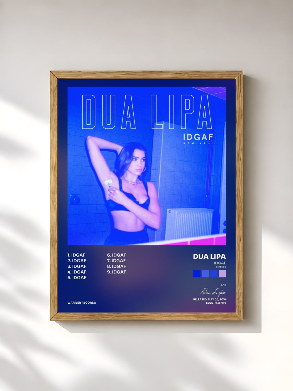 #bois Tableau de l'album IDGAF (Remixes) de Dua Lipa, cadre en bois brut, imprimé et encadré en France