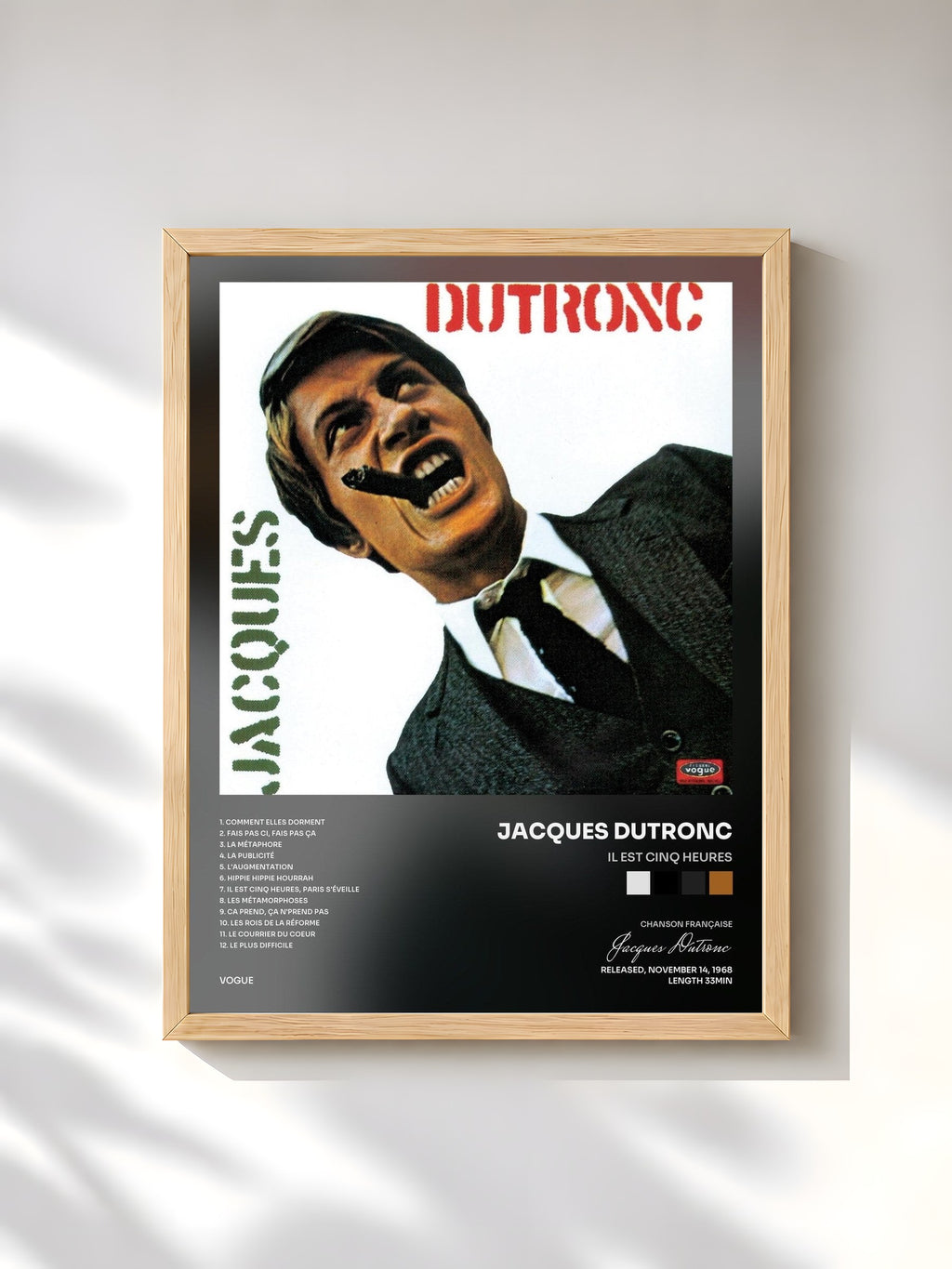 #bois Tableau de l'album Il est cinq heures de Jacques Dutronc, cadre en bois brut, imprimé et encadré en France