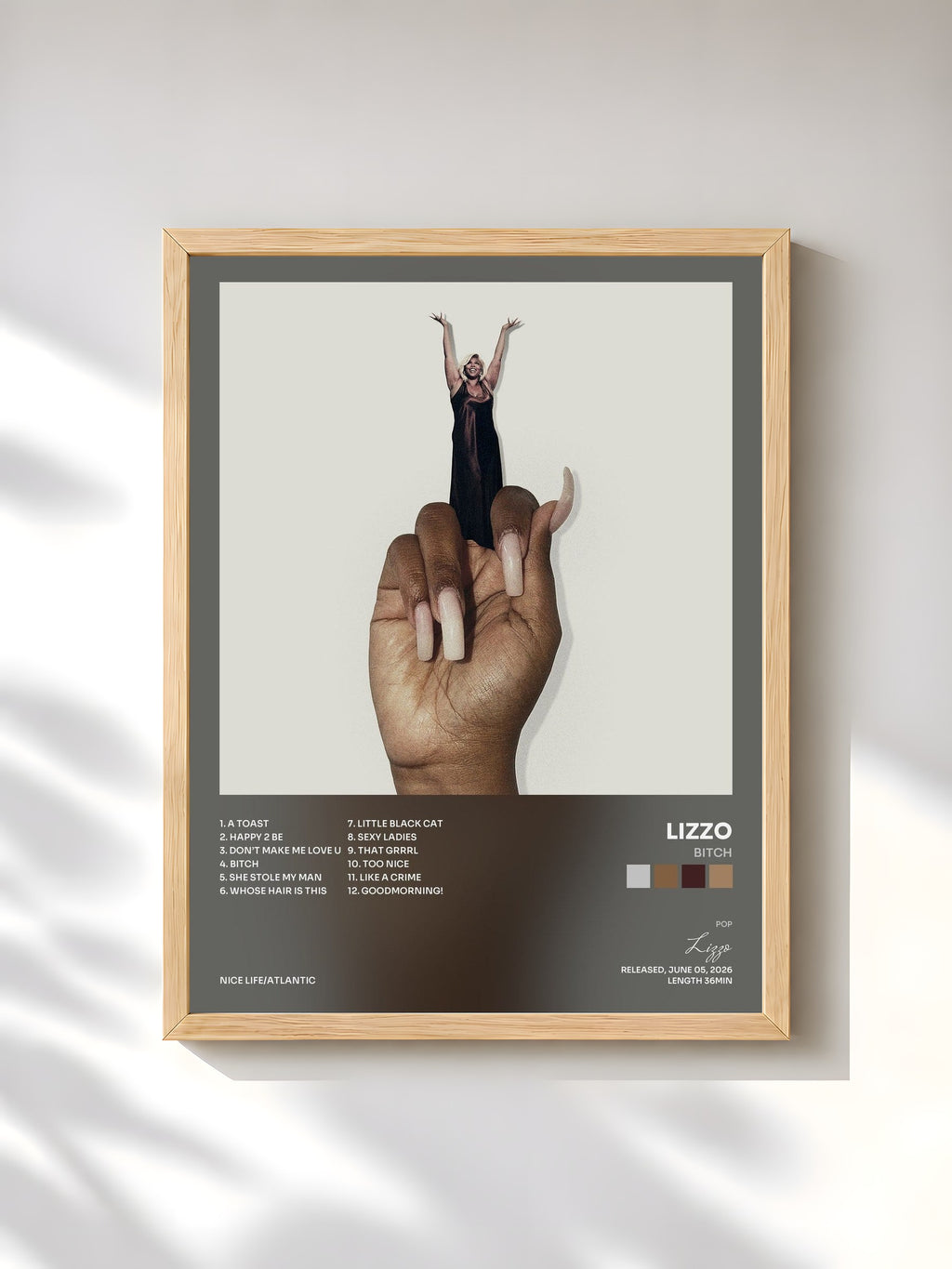 #bois Tableau de l'album BITCH de Lizzo, cadre en bois brut, imprimé et encadré en France