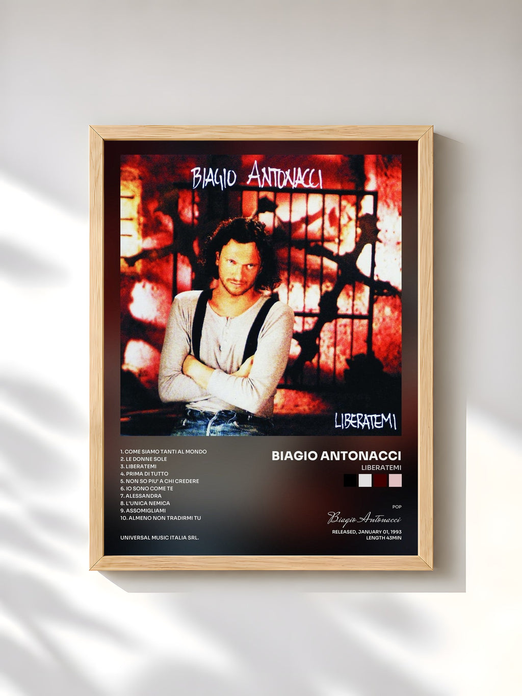 #bois Tableau de l'album Liberatemi de Biagio Antonacci, cadre en bois brut, imprimé et encadré en France