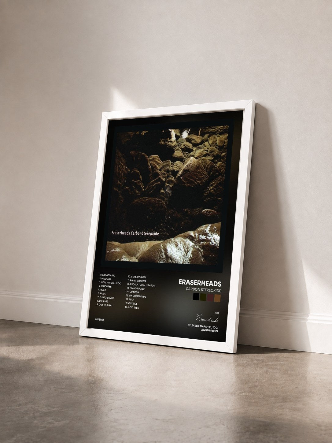 #blanc Tableau de l'album Carbon Stereoxide de Eraserheads vu de trois quarts, cadre blanc