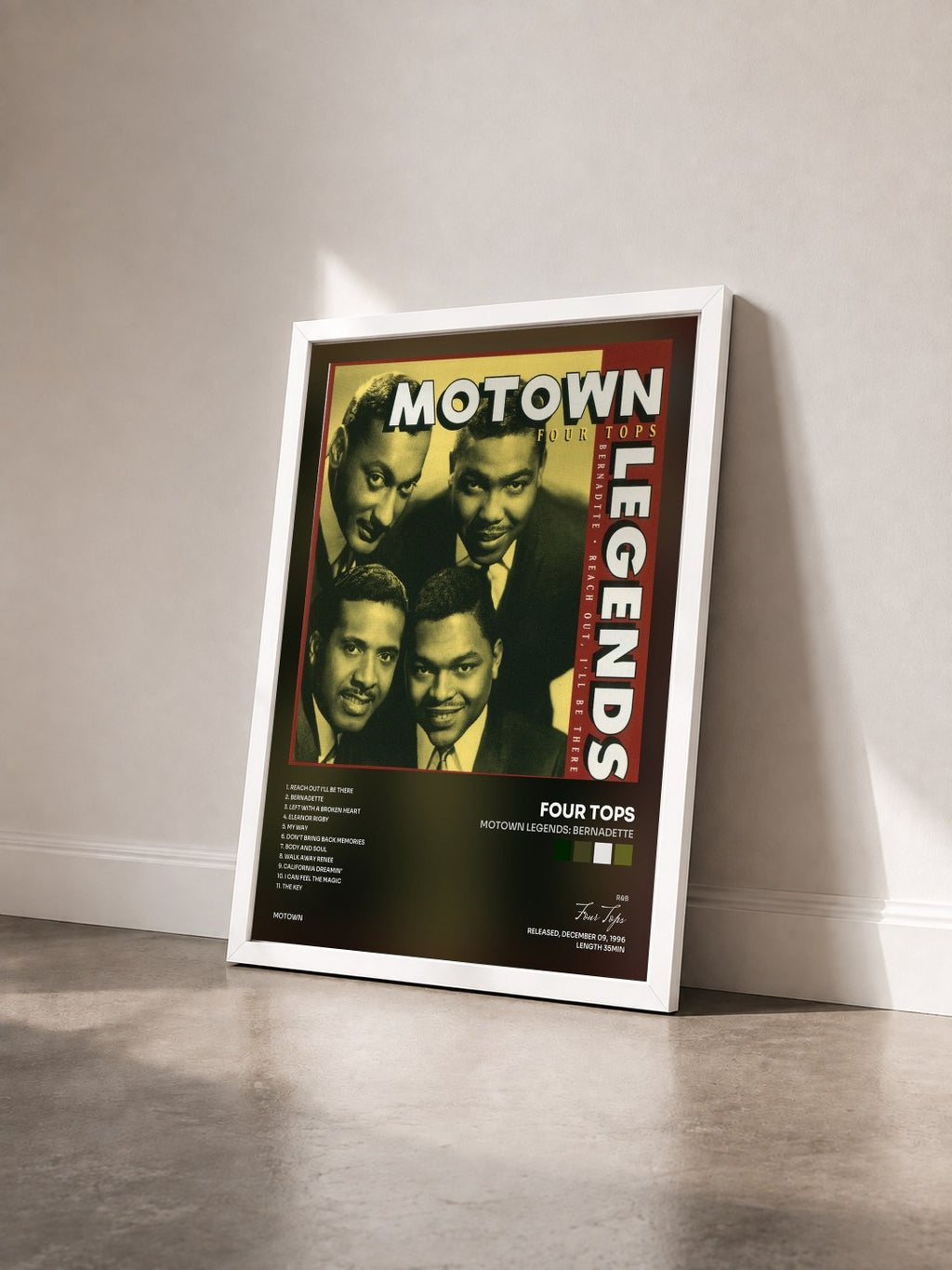 #blanc Tableau de l'album Motown Legends: Bernadette de Four Tops vu de trois quarts, cadre blanc