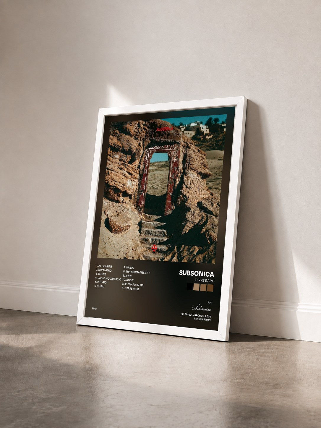#blanc Tableau de l'album Terre Rare de Subsonica vu de trois quarts, cadre blanc