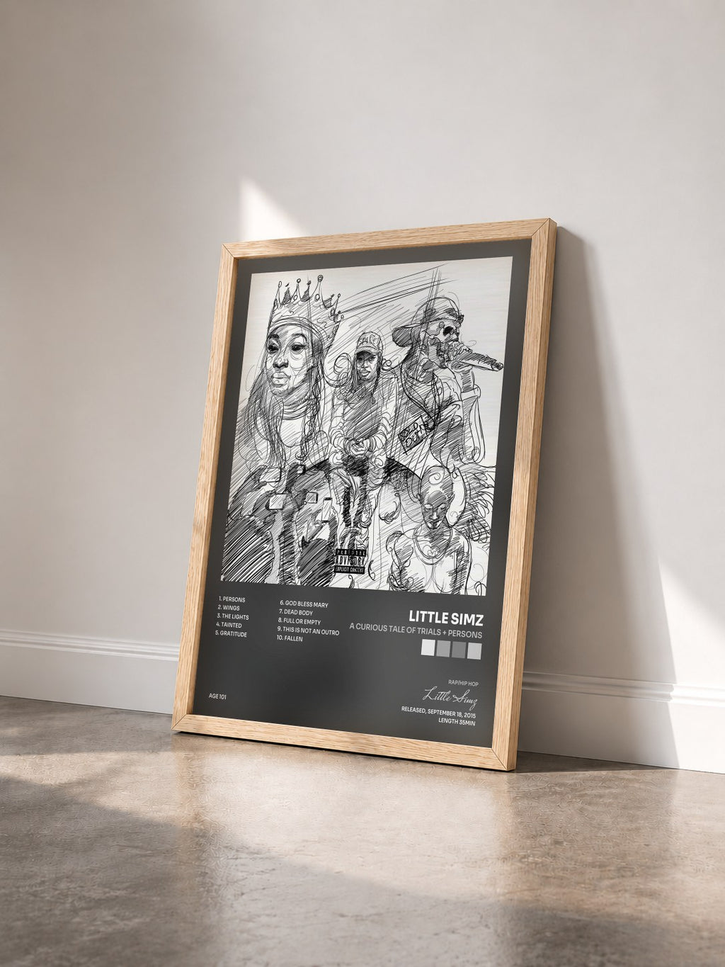 #bois Tableau de l'album A Curious Tale of Trials + Persons de Little Simz vu de trois quarts, cadre en bois brut