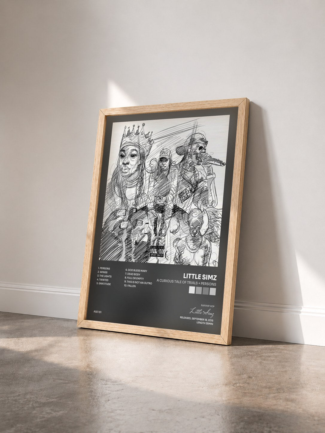 #bois Tableau de l'album A Curious Tale of Trials + Persons de Little Simz vu de trois quarts, cadre en bois brut