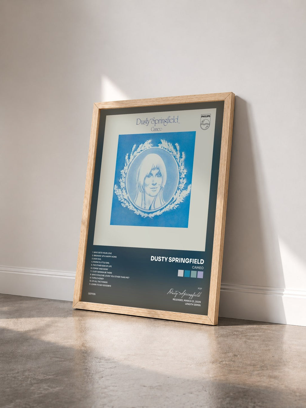 #bois Tableau de l'album Cameo de Dusty Springfield vu de trois quarts, cadre en bois brut