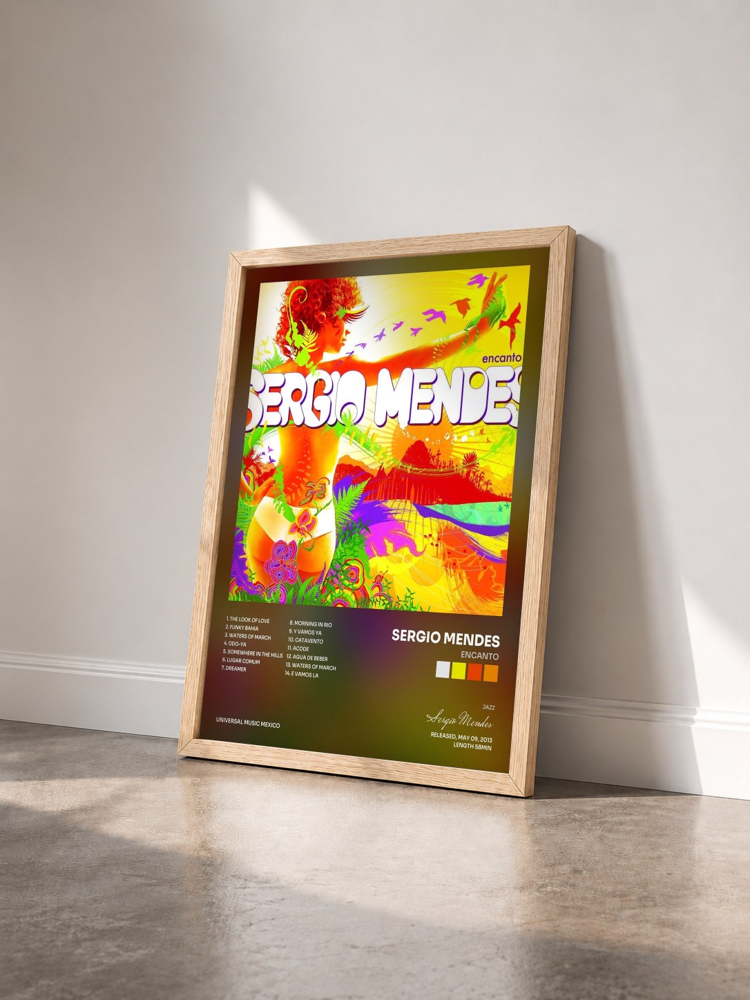 #bois Tableau de l'album Encanto de Sergio Mendes vu de trois quarts, cadre en bois brut