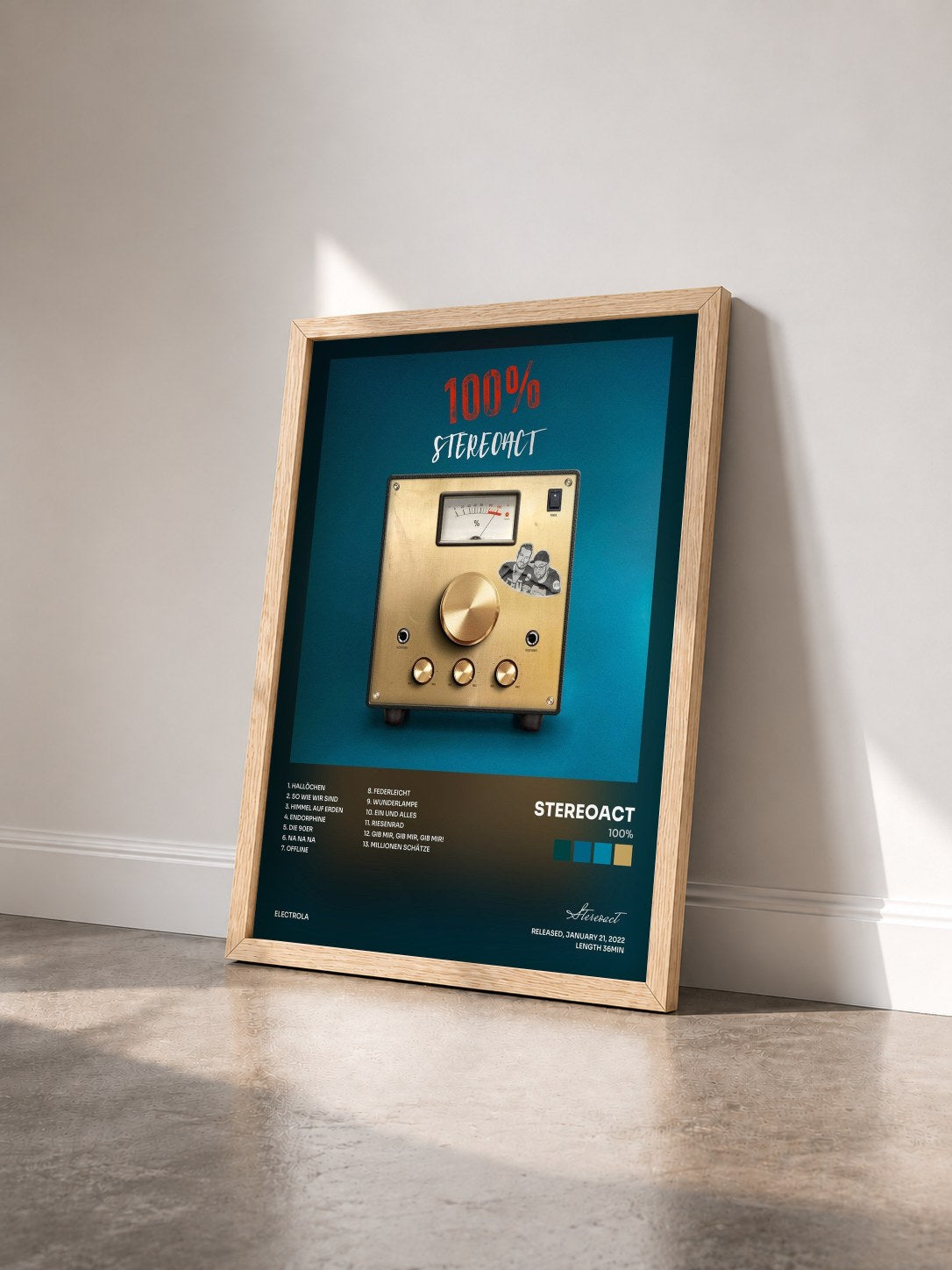 #bois Tableau de l'album 100% de Stereoact vu de trois quarts, cadre en bois brut