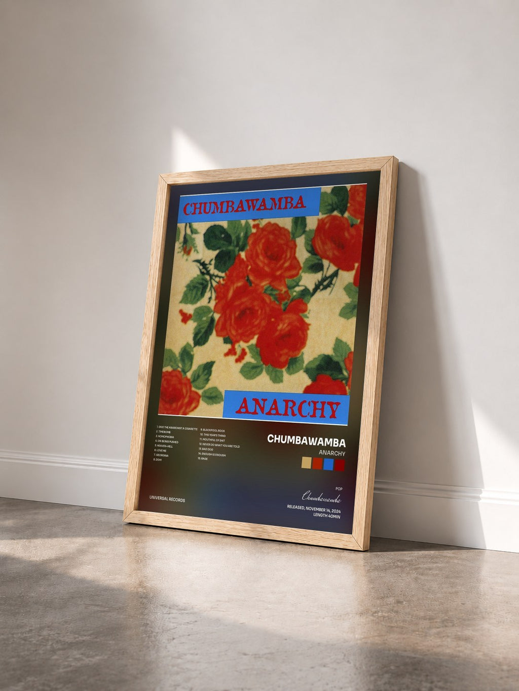 #bois Tableau de l'album Anarchy de Chumbawamba vu de trois quarts, cadre en bois brut