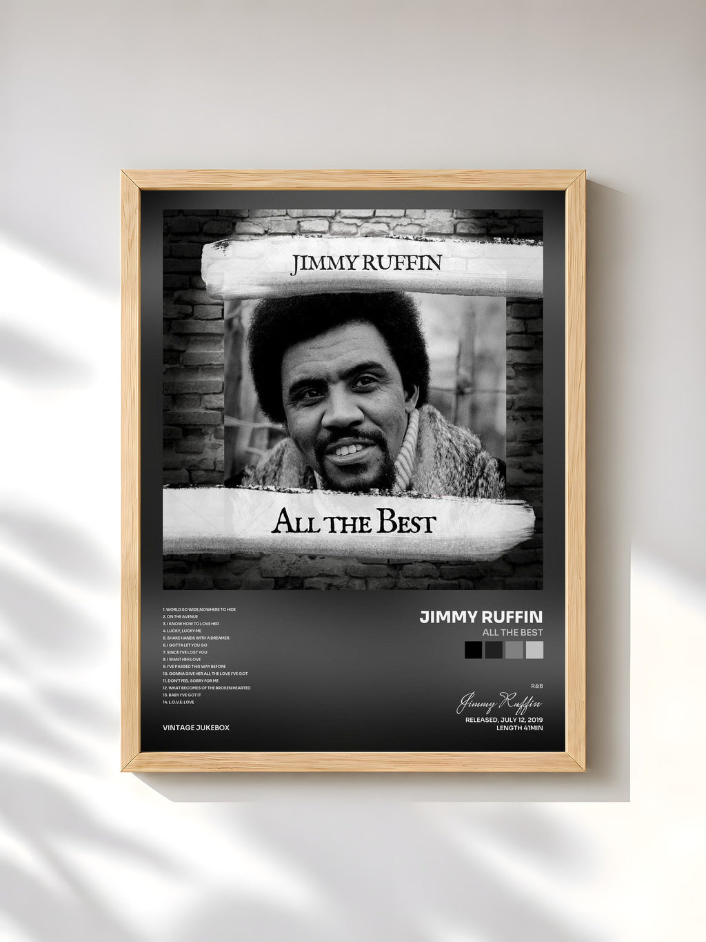 #bois Tableau de l'album All the Best de Jimmy Ruffin, cadre en bois brut, imprimé et encadré en France