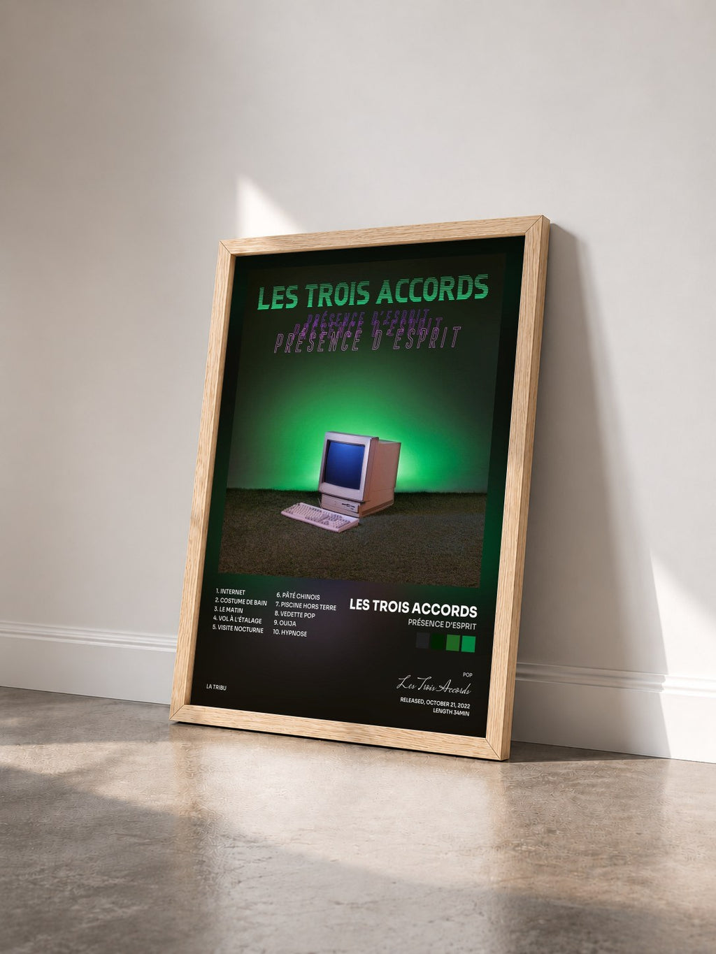 #bois Tableau de l'album Présence d'esprit de Les Trois Accords vu de trois quarts, cadre en bois brut