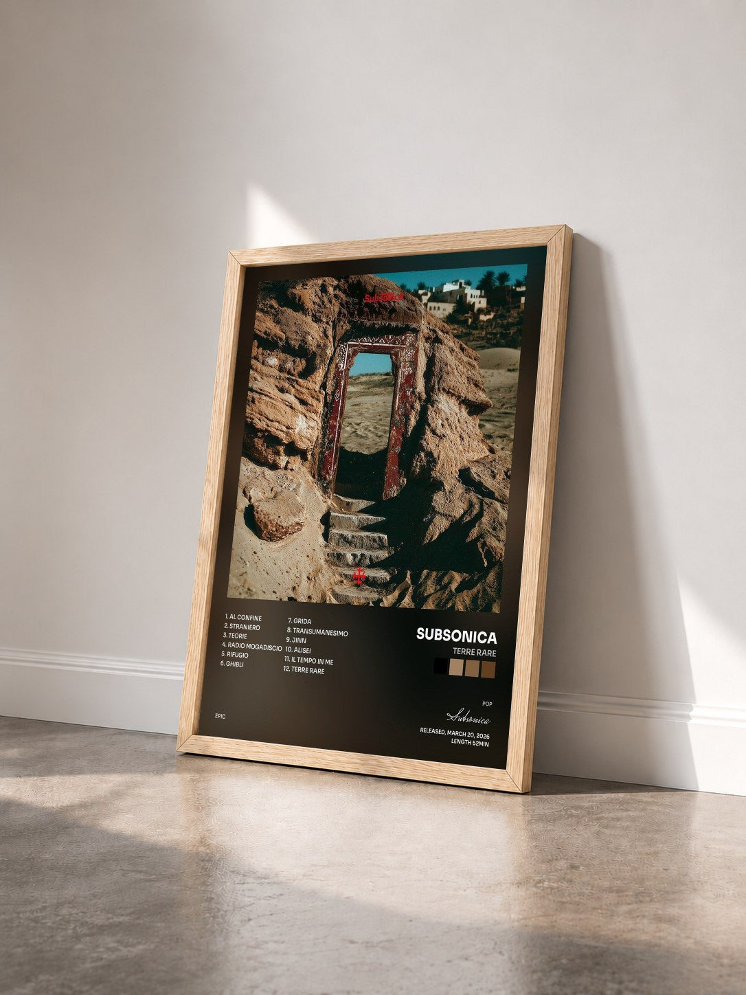 #bois Tableau de l'album Terre Rare de Subsonica vu de trois quarts, cadre en bois brut