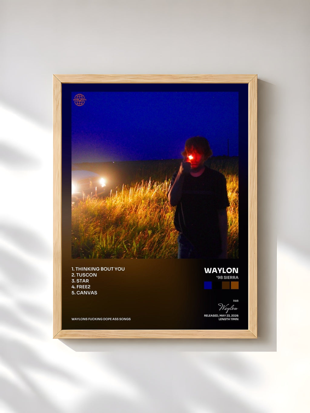 #bois Tableau de l'album '98 SIERRA de Waylon, cadre en bois brut, imprimé et encadré en France