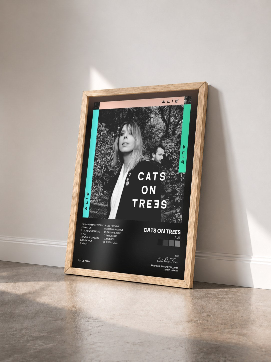 #bois Tableau de l'album Alie de Cats On Trees vu de trois quarts, cadre en bois brut
