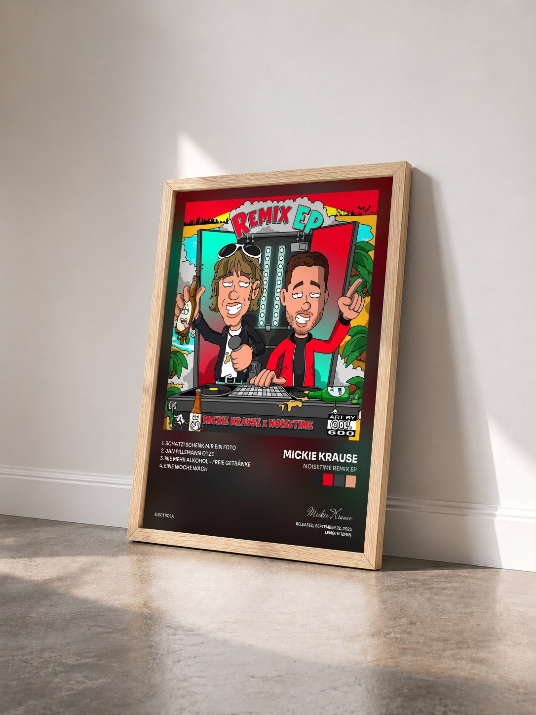 #bois Tableau de l'album NOISETIME Remix EP de Mickie Krause vu de trois quarts, cadre en bois brut