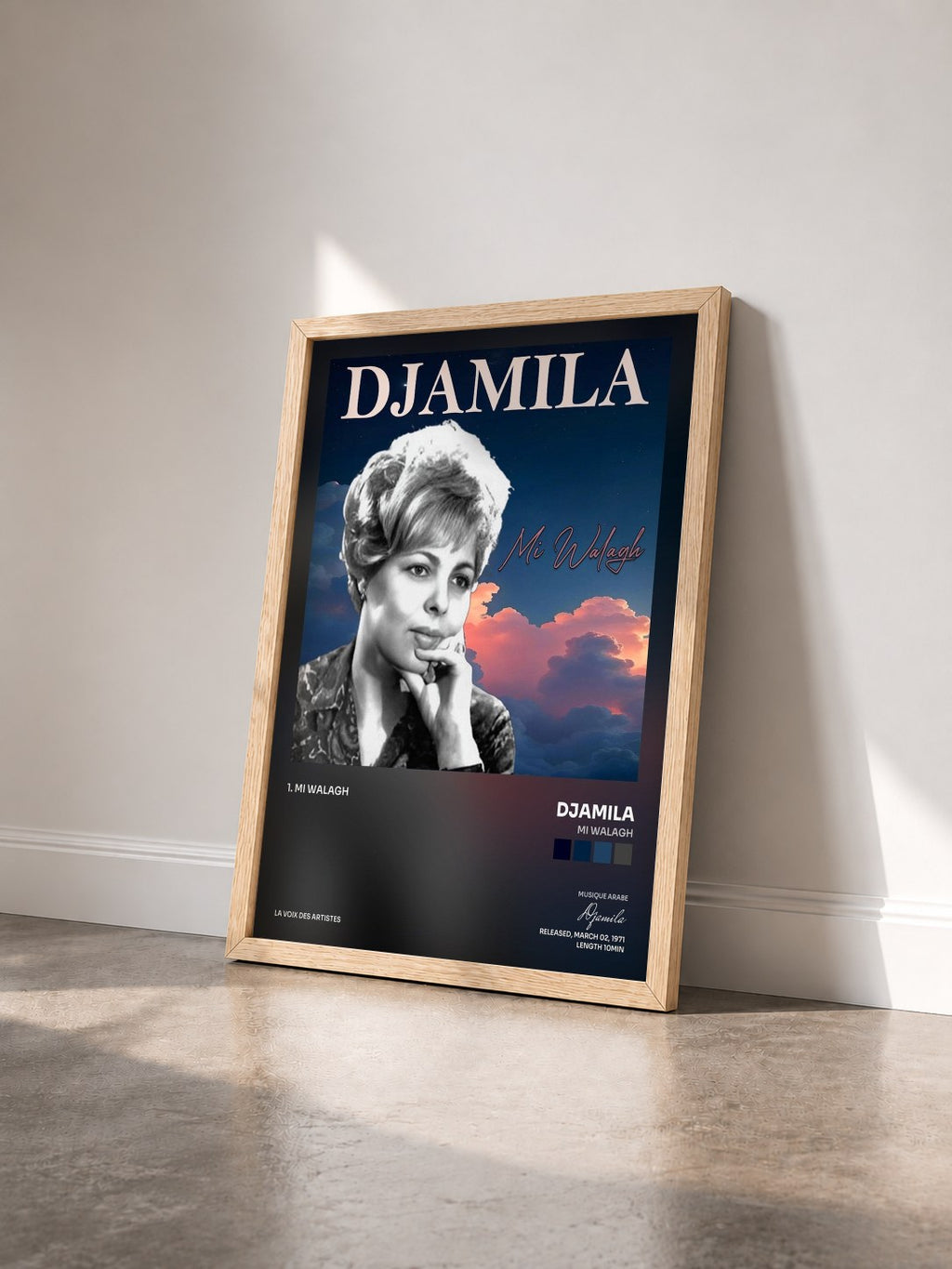 #bois Tableau de l'album Mi Walagh de Djamila vu de trois quarts, cadre en bois brut