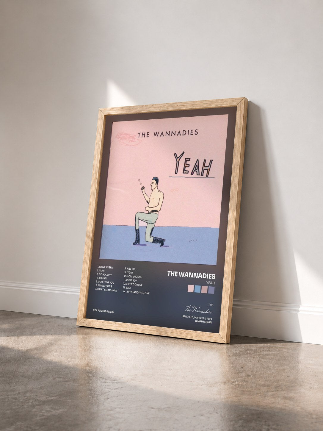 #bois Tableau de l'album Yeah de The Wannadies vu de trois quarts, cadre en bois brut