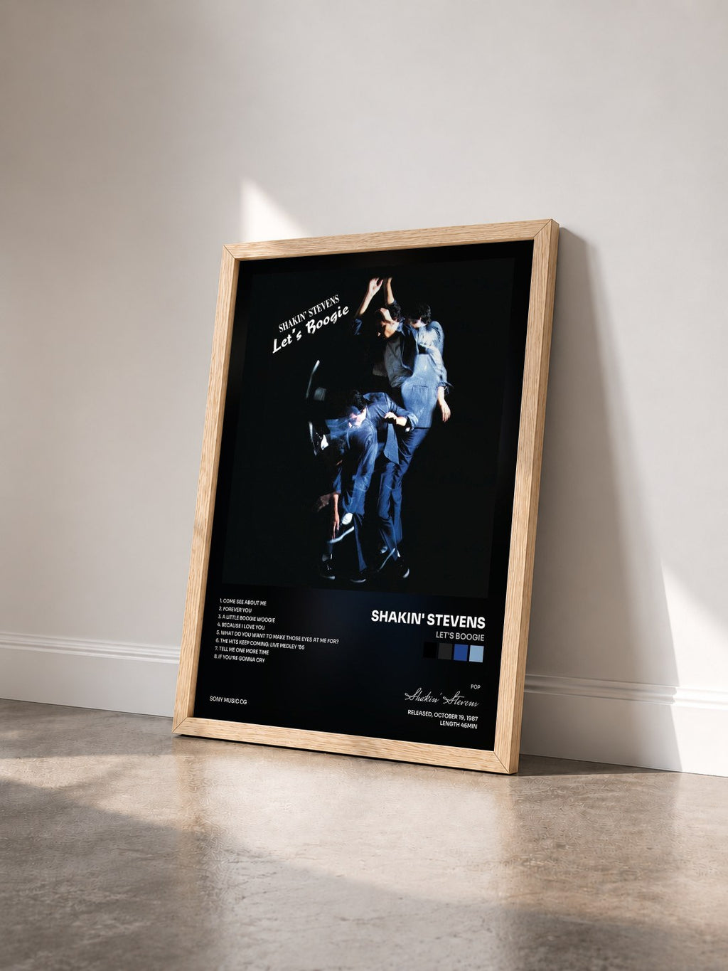 #bois Tableau de l'album Let's Boogie de Shakin' Stevens vu de trois quarts, cadre en bois brut