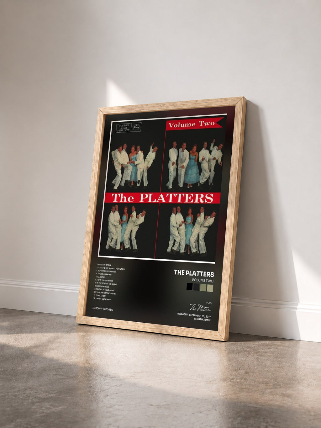 #bois Tableau de l'album Volume Two de The Platters vu de trois quarts, cadre en bois brut