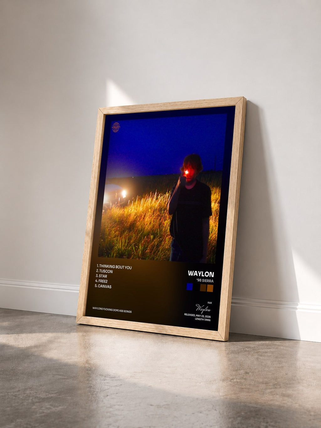 #bois Tableau de l'album '98 SIERRA de Waylon vu de trois quarts, cadre en bois brut