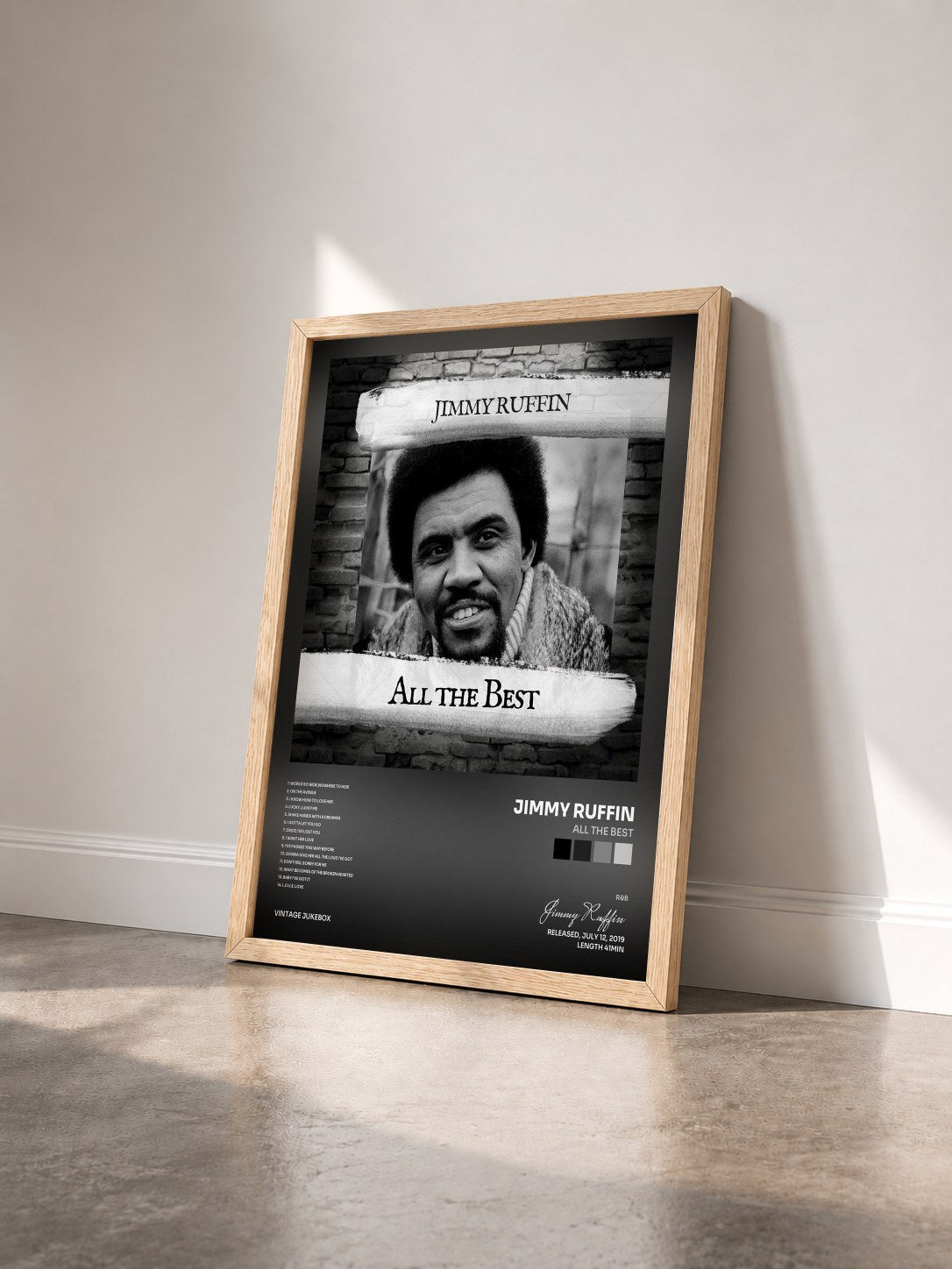#bois Tableau de l'album All the Best de Jimmy Ruffin vu de trois quarts, cadre en bois brut