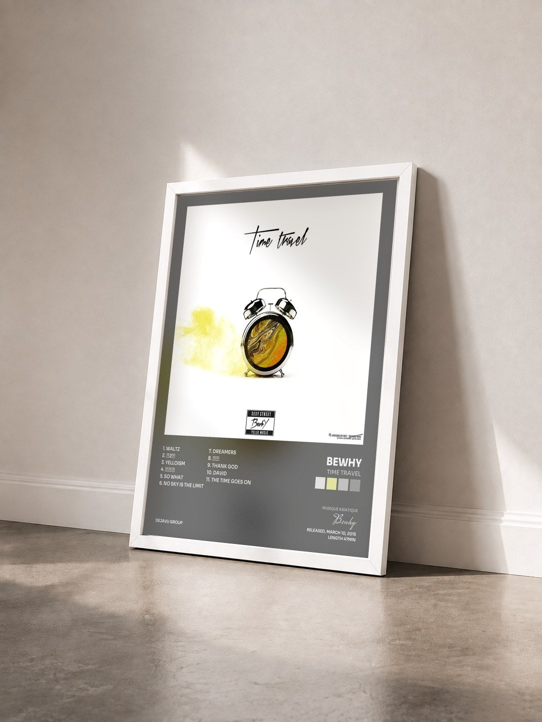 #blanc Tableau de l'album Time Travel de Bewhy vu de trois quarts, cadre blanc
