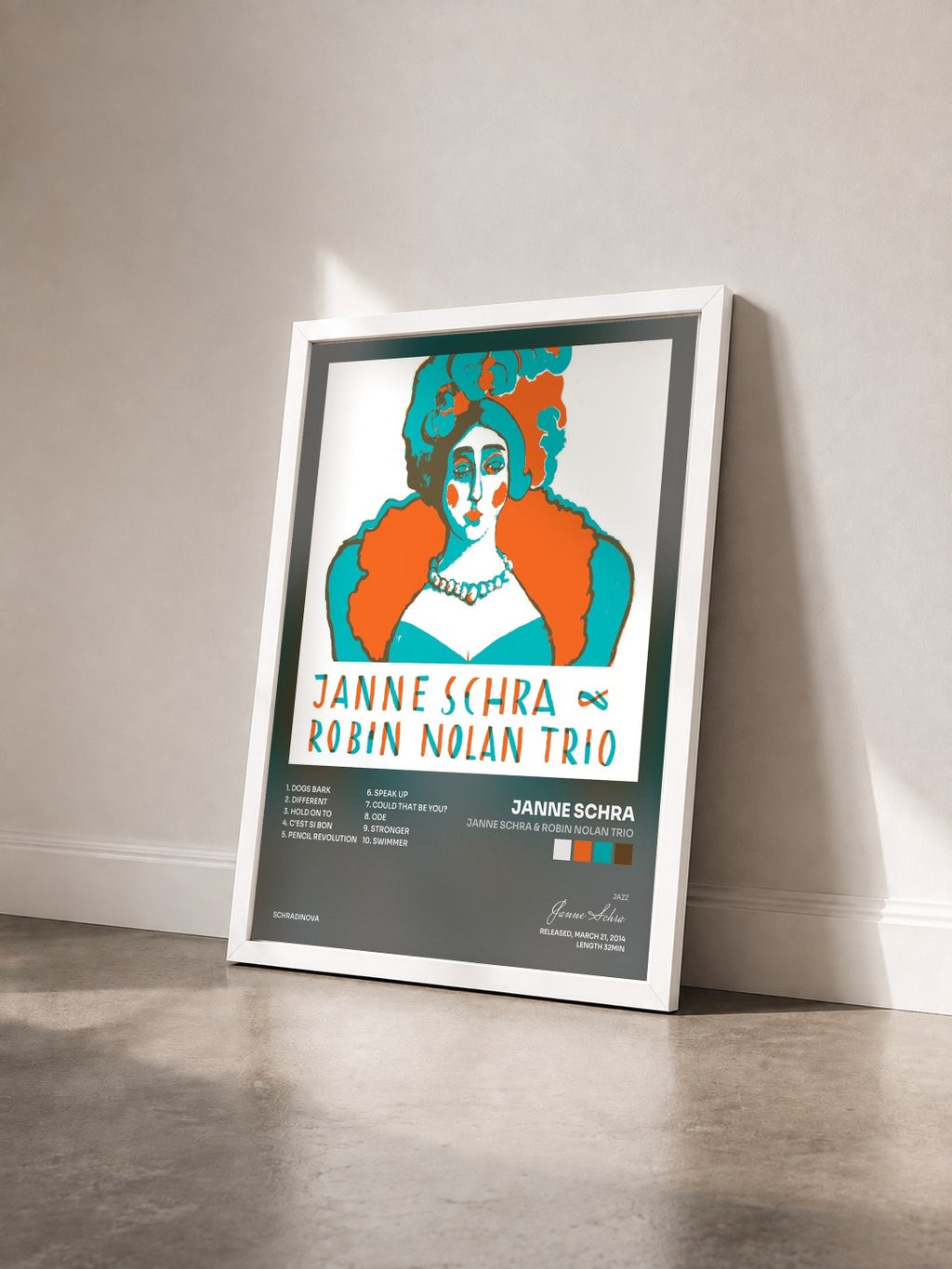 #blanc Tableau de l'album Janne Schra & Robin Nolan Trio de Janne Schra vu de trois quarts, cadre blanc