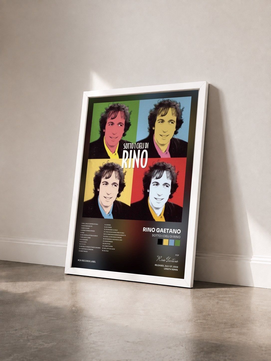 #blanc Tableau de l'album Sotto I Cieli Di Rino de Rino Gaetano vu de trois quarts, cadre blanc