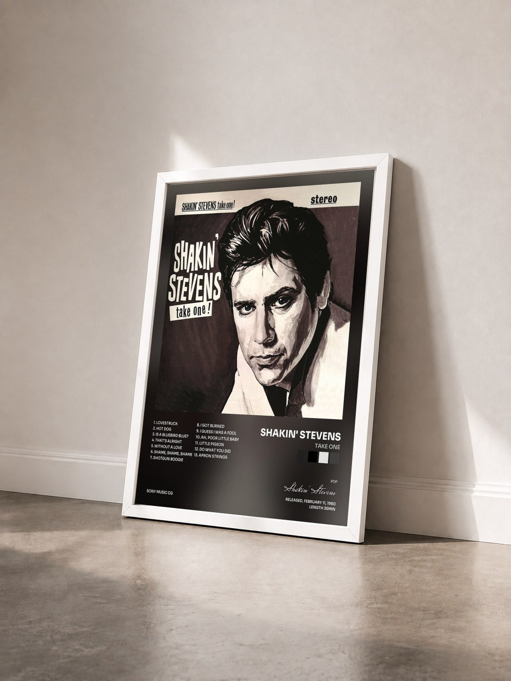#blanc Tableau de l'album Take One de Shakin' Stevens vu de trois quarts, cadre blanc