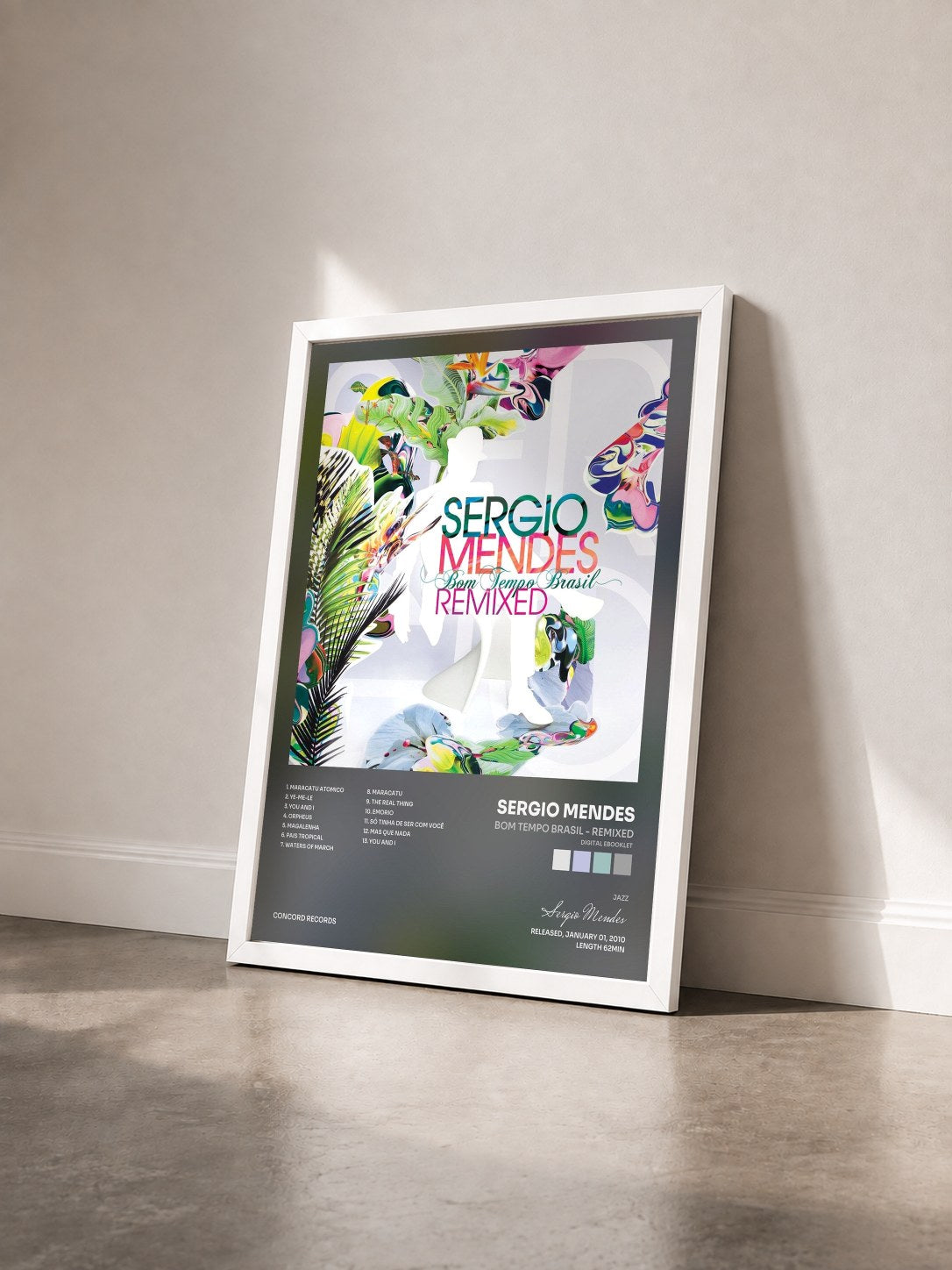 #blanc Tableau de l'album Bom Tempo Brasil - Remixed (Digital eBooklet) de Sergio Mendes vu de trois quarts, cadre blanc