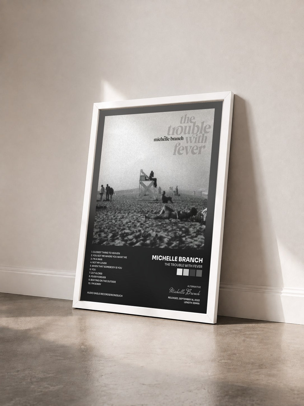 #blanc Tableau de l'album The Trouble With Fever de Michelle Branch vu de trois quarts, cadre blanc