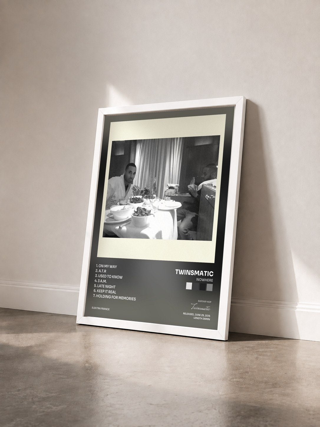 #blanc Tableau de l'album Nowhere de Twinsmatic vu de trois quarts, cadre blanc
