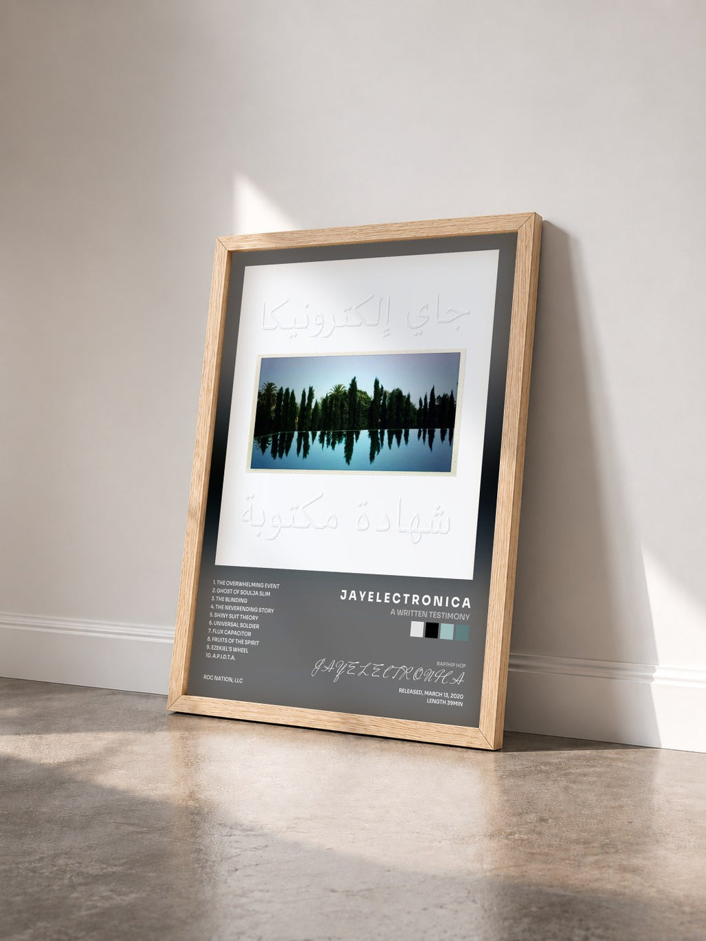 #bois Tableau de l'album A Written Testimony de J A Y E L E C T R O N I C A vu de trois quarts, cadre en bois brut