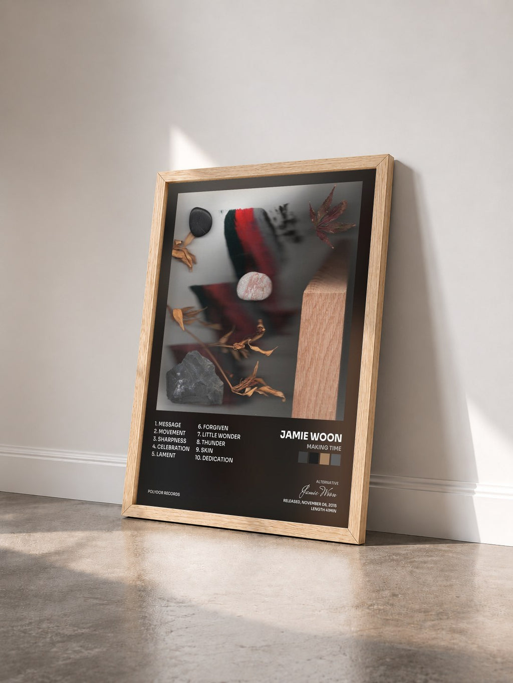 #bois Tableau de l'album Making Time de Jamie Woon vu de trois quarts, cadre en bois brut