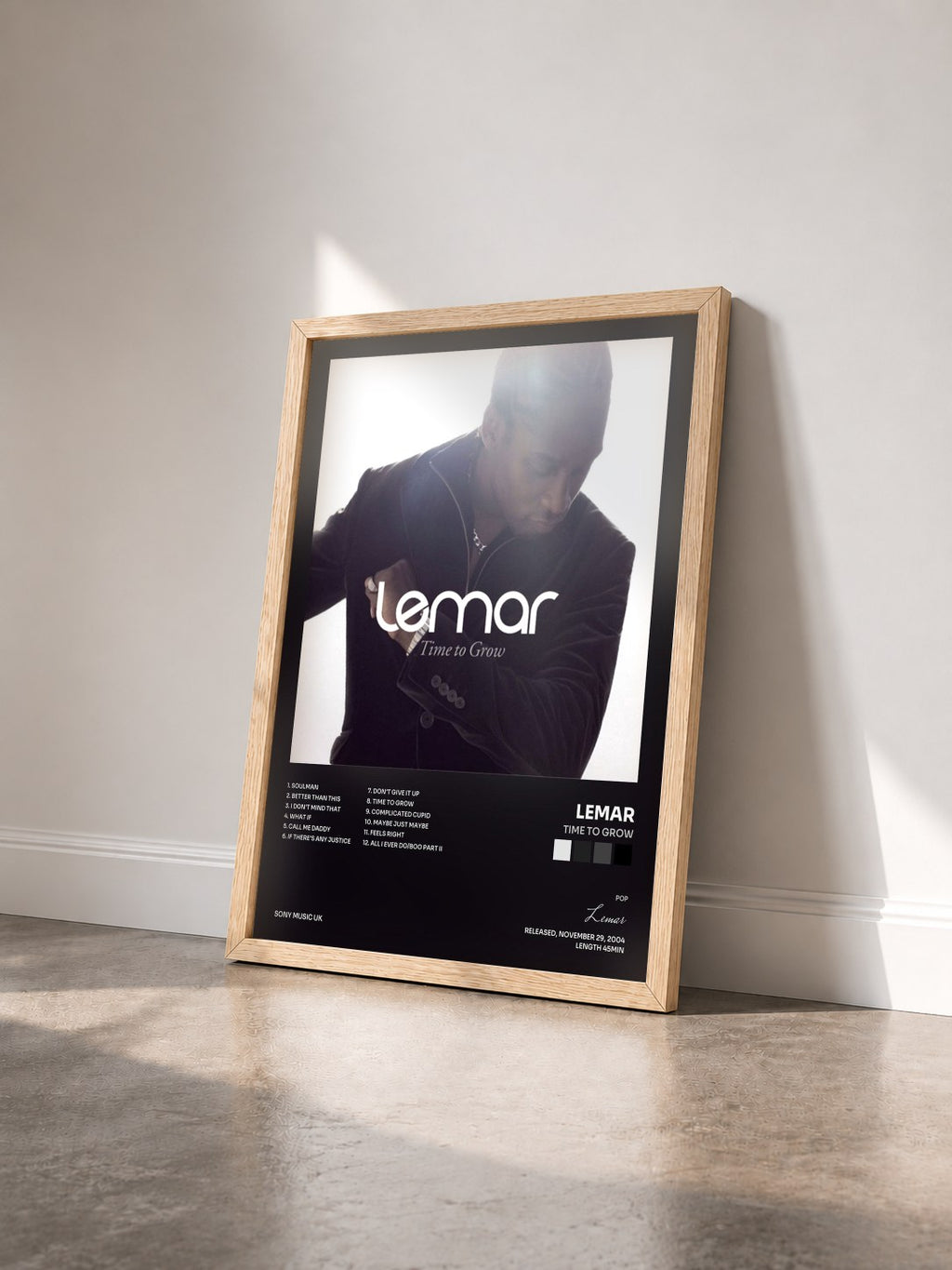 #bois Tableau de l'album Time To Grow de Lemar vu de trois quarts, cadre en bois brut