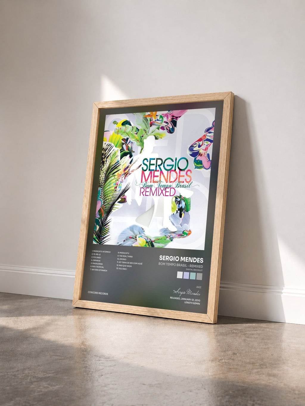 #bois Tableau de l'album Bom Tempo Brasil - Remixed (Digital eBooklet) de Sergio Mendes vu de trois quarts, cadre en bois brut