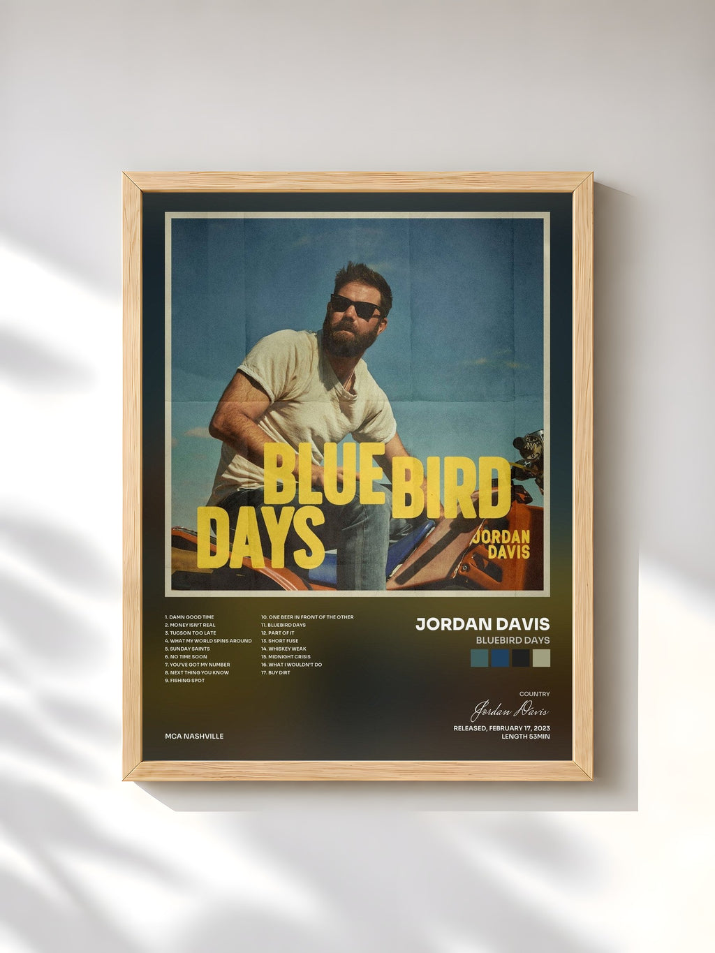 #bois Tableau de l'album Bluebird Days de Jordan Davis, cadre en bois brut, imprimé et encadré en France