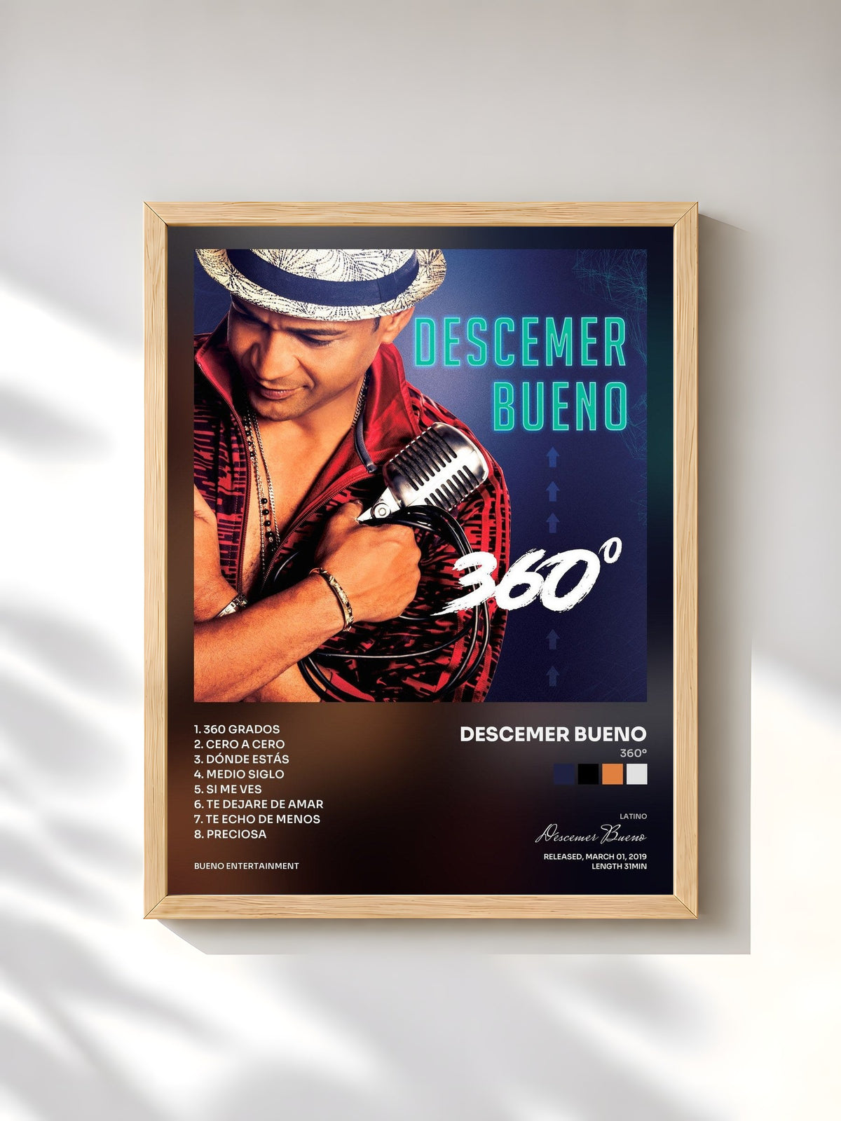 #bois Tableau de l'album 360º de Descemer Bueno, cadre en bois brut, imprimé et encadré en France
