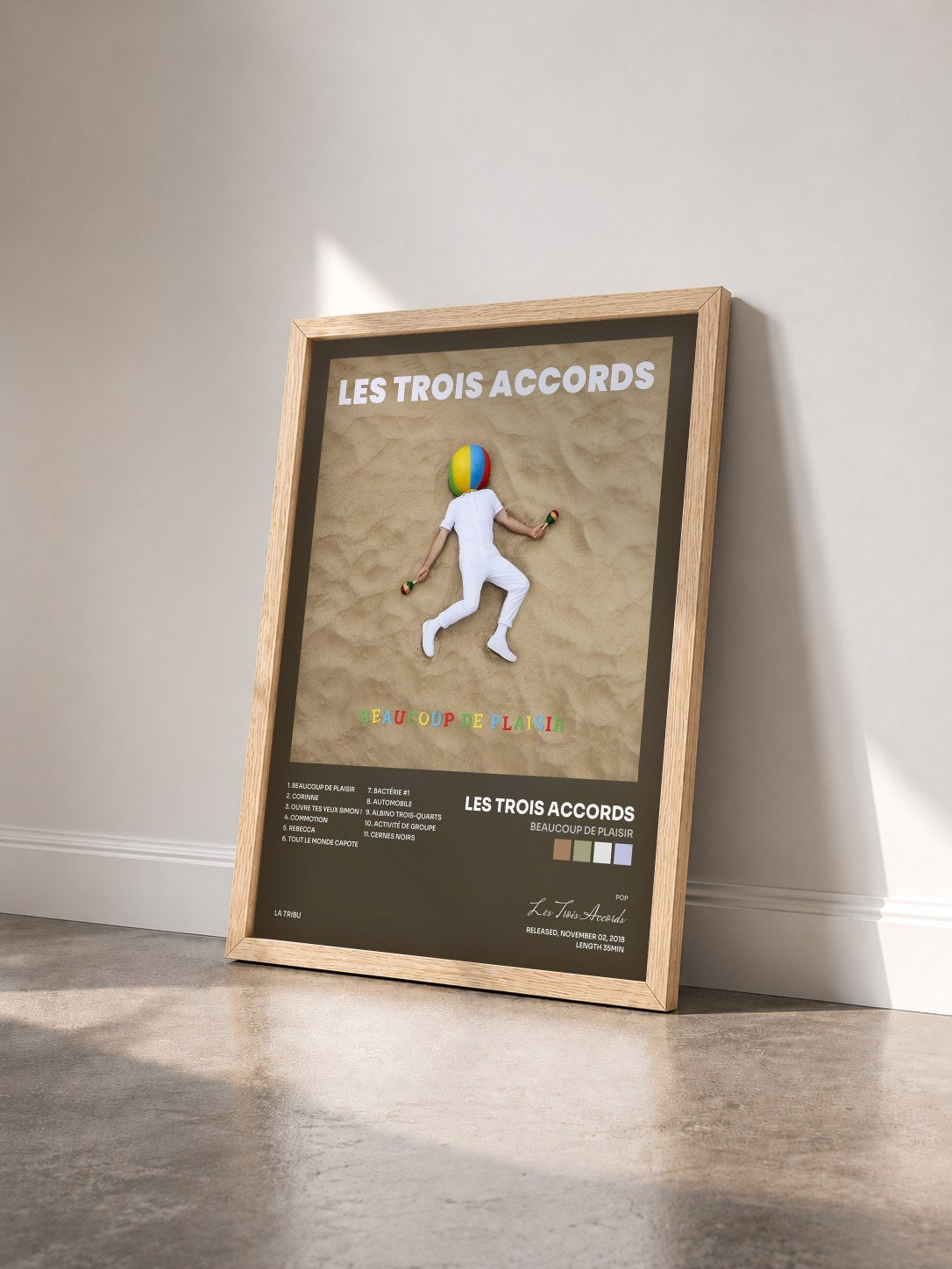 #bois Tableau de l'album Beaucoup de plaisir de Les Trois Accords vu de trois quarts, cadre en bois brut