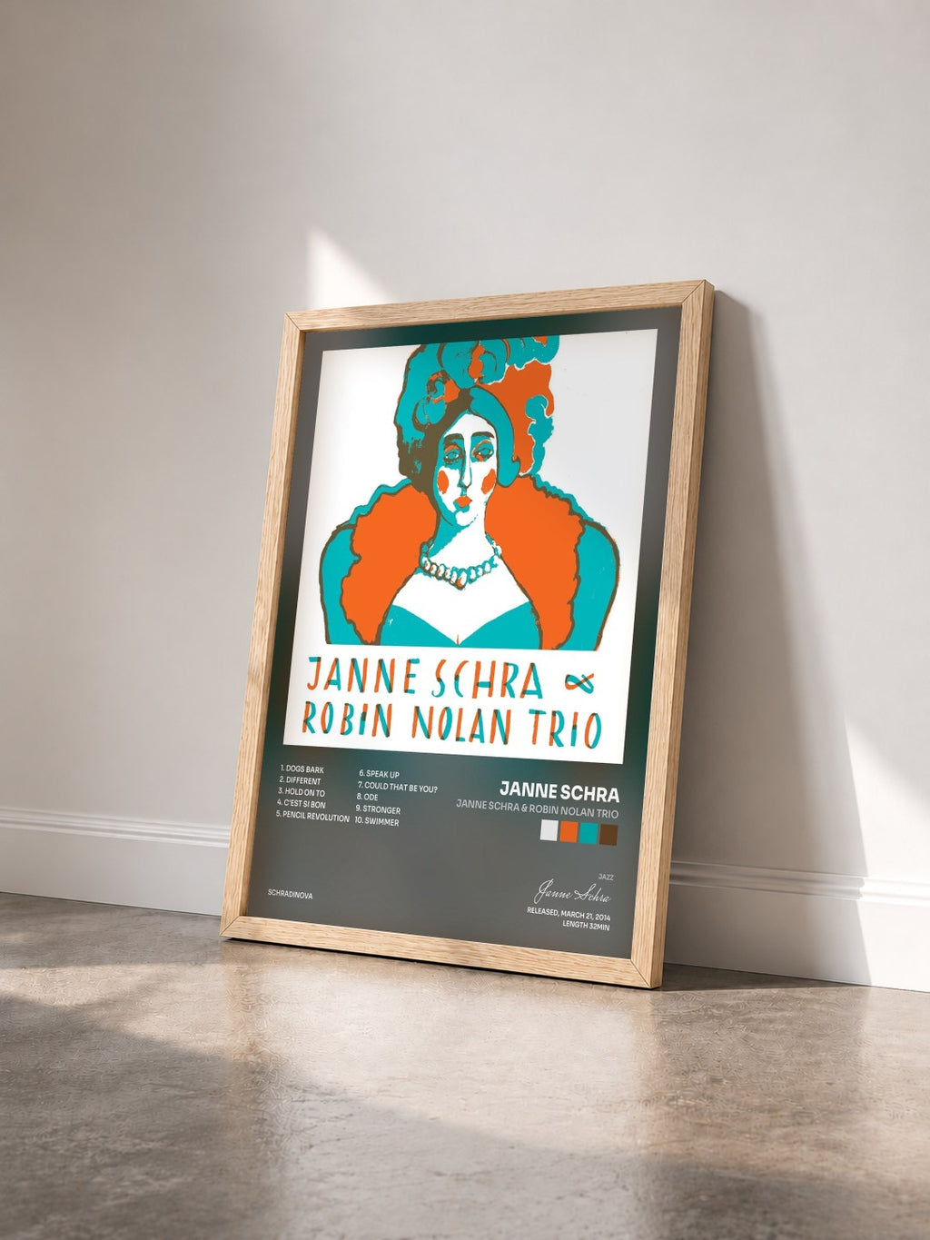 #bois Tableau de l'album Janne Schra & Robin Nolan Trio de Janne Schra vu de trois quarts, cadre en bois brut