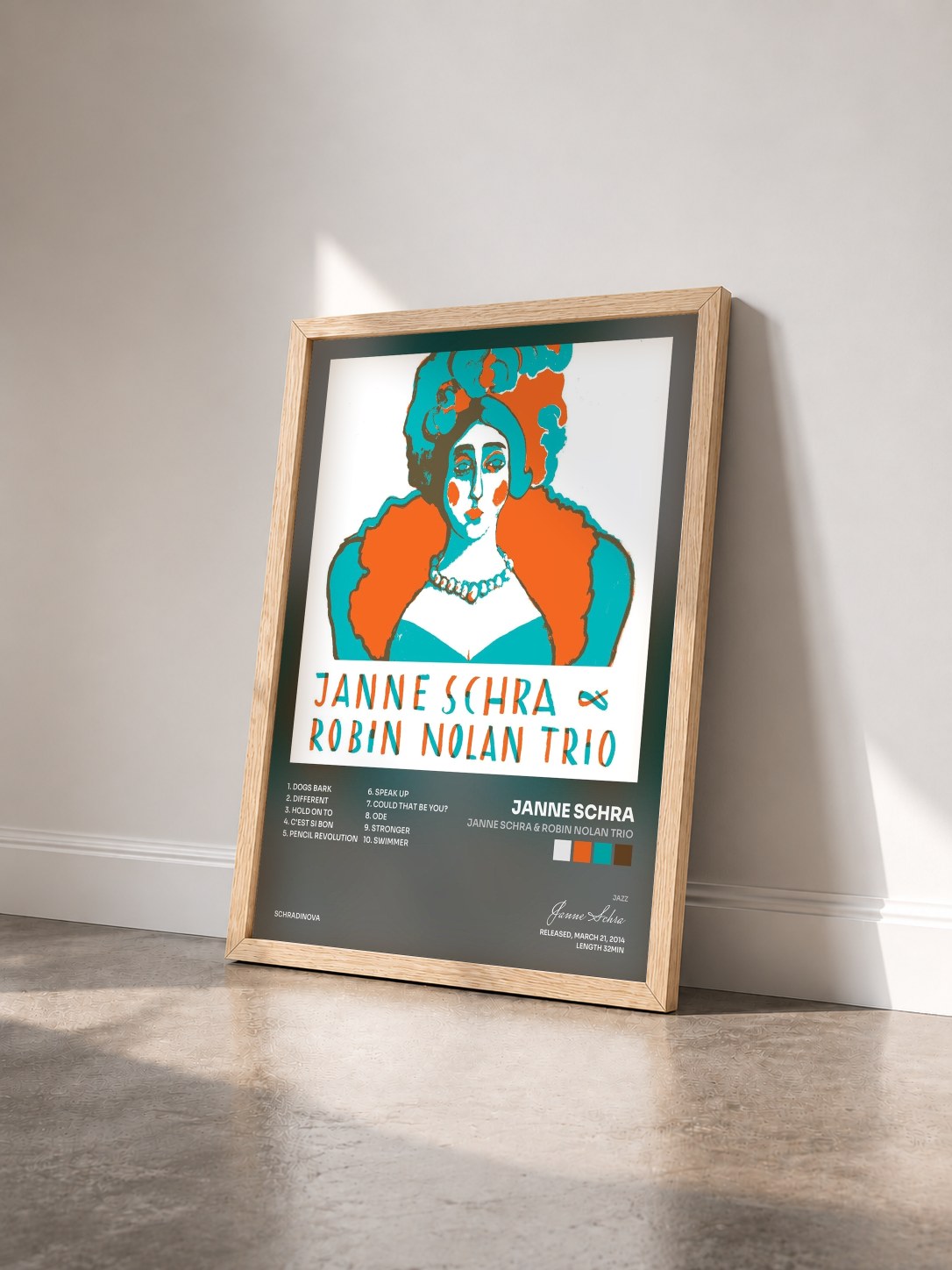 #bois Tableau de l'album Janne Schra & Robin Nolan Trio de Janne Schra vu de trois quarts, cadre en bois brut
